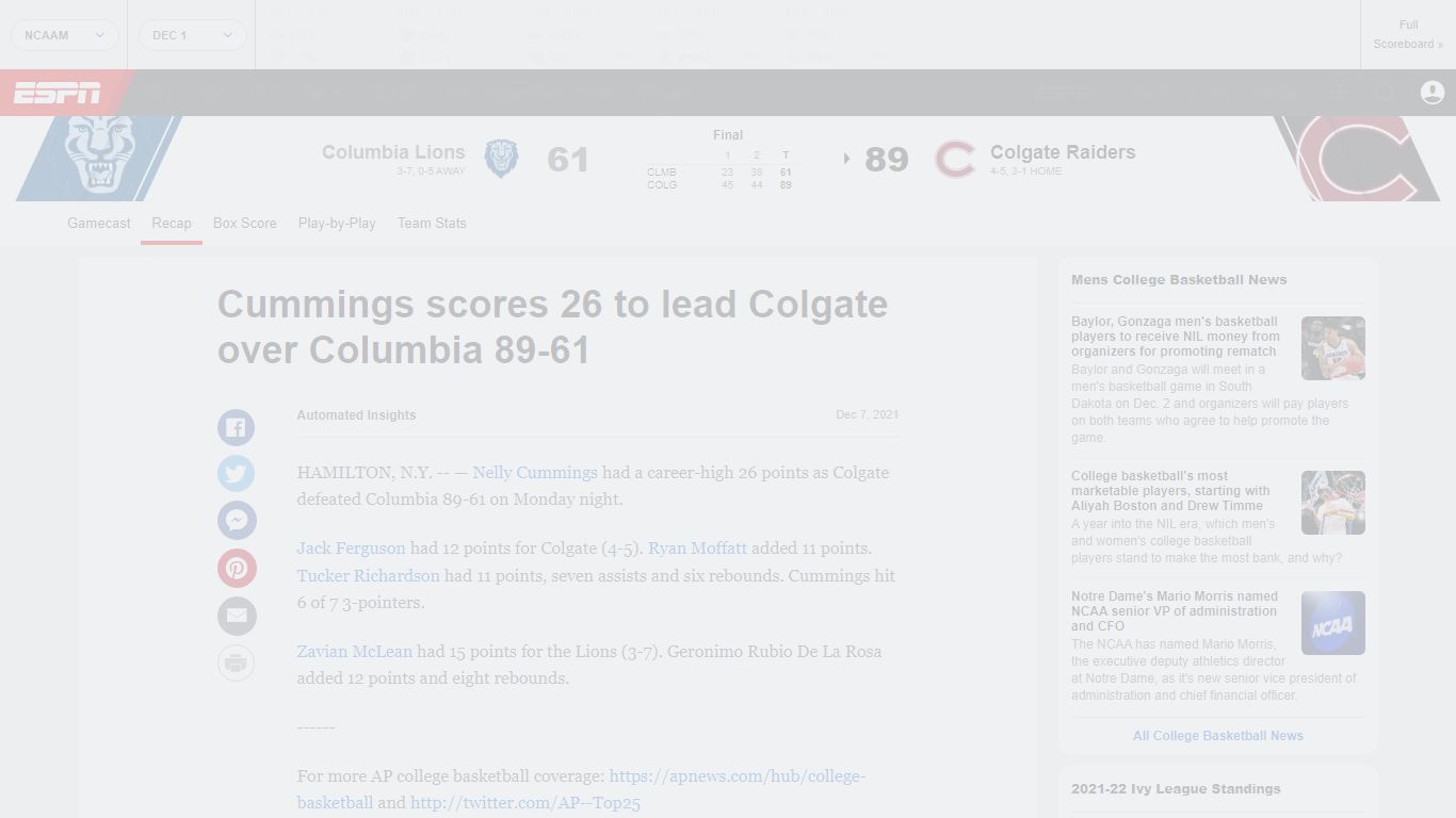 Columbia vs. Colgate - Game Recap - December 6, 2021 - ESPN