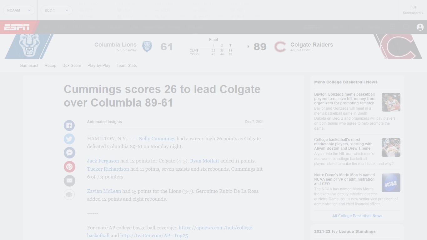 Columbia vs. Colgate - Game Preview - December 6, 2021 - ESPN