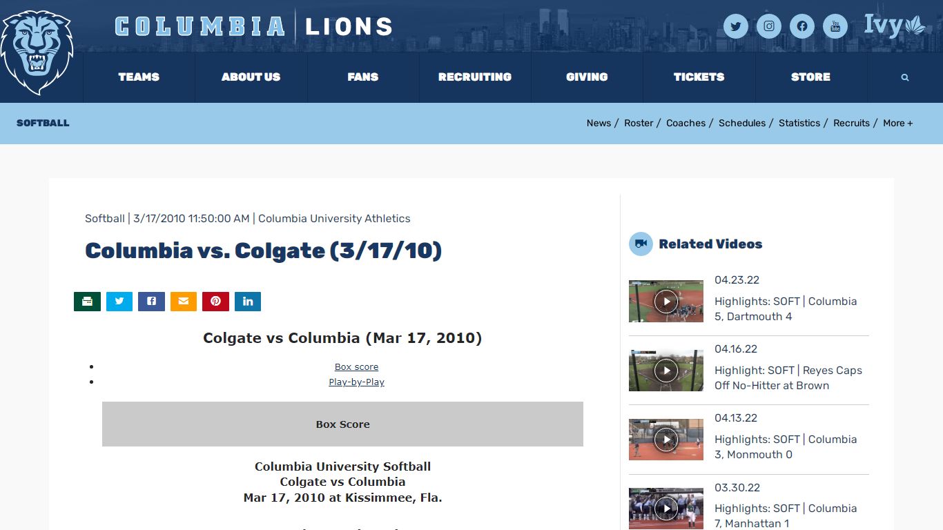 Columbia vs. Colgate (3/17/10) - Columbia University Athletics